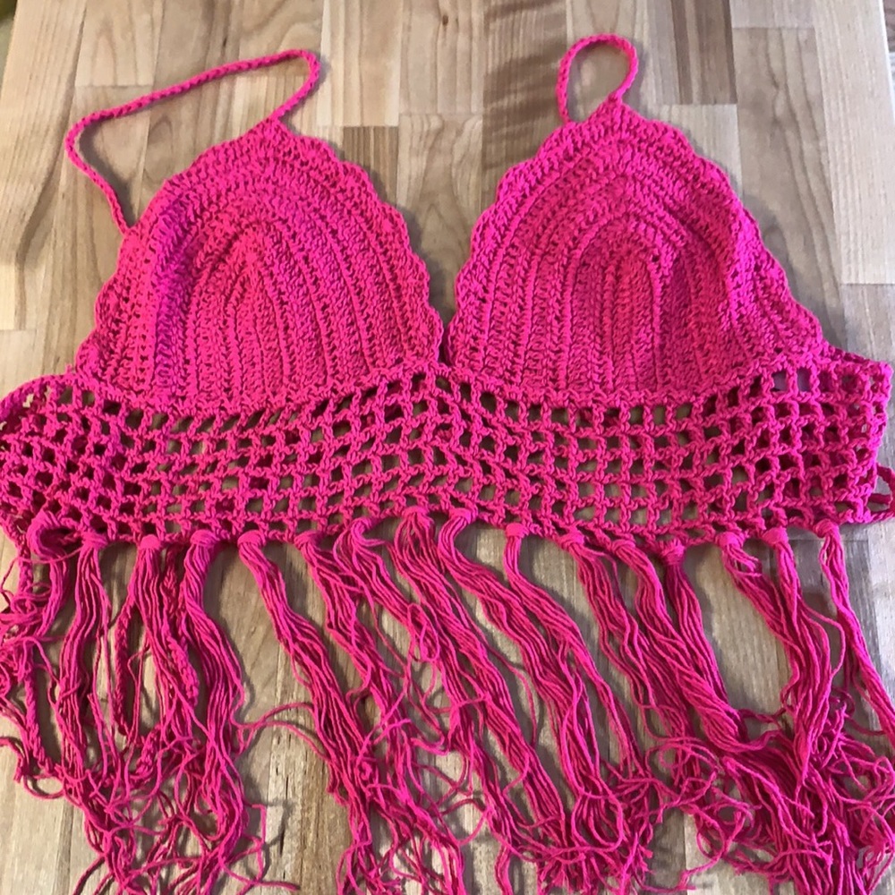 Fuchsia Raspberry Fringe Hem Crochet Tie Top - Picture 5 of 16